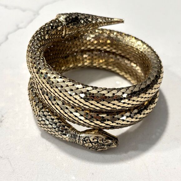 Vintage Whiting & Davis Gold Tone Mesh Snake Coil Wrap Bracelet Serpent Arm Cuff - Picture 1 of 15
